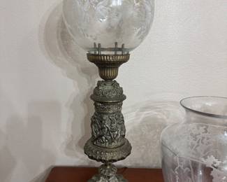#10 - $180 - Pair of Victorian Lamps metal base rounded etched clear globe 