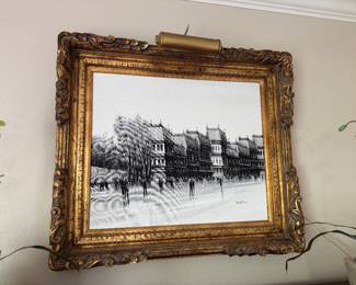 #20 - $200 - Barnet signed B&W City scape painting gold wood frame 31x27