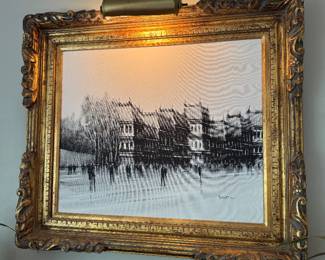 #20 - $200 - Barnet signed B&W City scape painting gold wood frame 31x27