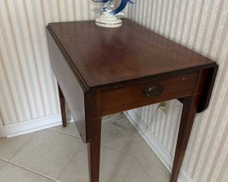 #26 - $150 - Mahogany drop leave table, one drawer 30x40 or 20x29H