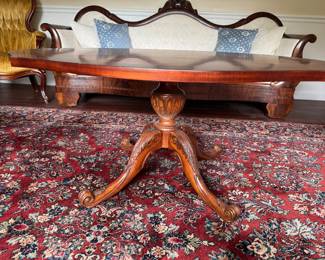 #13. - $190 - Old World style coffee table flamed mahogany veneer  46x30x20 1/2