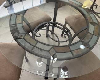 #29 - $250 -Iron glass table round 47" with four chairs tiles accents 
