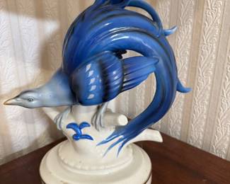 #27 - $80 -Antique Porcelain bird lamp blue bird 22"H stamped Germany c.1930's 