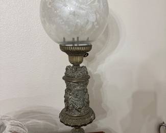 #10 - $180 - Pair of Victorian Lamps metal base rounded etched clear globe 