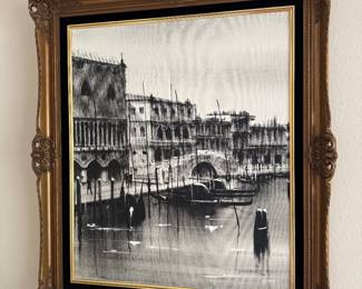 #21 - $200 - Barnet signed B&W Venice canal painting gold wood frame 26x29 with lamp 