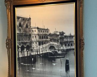  #21 - $200 - Barnet signed B&W Venice canal painting gold wood frame 26x29 with lamp 