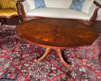 #13 - $190 -Old World style coffee table flamed mahogany veneer  46x30x20 1/2