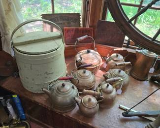 Firkin, copper tea kettles