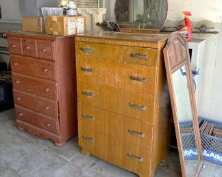 These dressers are a call for furniture flippers, with varying degrees of restoration needed. Don't forget the wall mirror and other smaller items nearby.