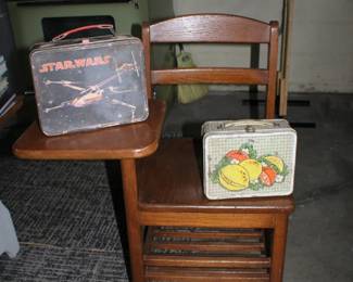 Vintage School Desk & 2 Vintage Lunch Boxes