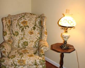 Vintage Wing Back Chair / Antique Lamp