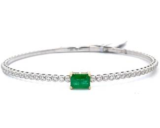 New! 1.46 Carat Natural Emerald & Diamond Bangle Bracelet in Two-Tone Gold