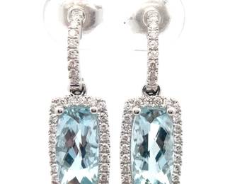 Johnny Wang 2.82 Carat Natural Aquamarine & Natural Diamond Halo Drop Earrings in 14k White Gold