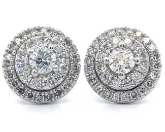 Vintage Style 1 Carat Diamond Round Cluster Stud Earrings in White Gold