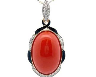 15.45 Carat Natural Coral & Natural Diamond Pendant in 14K Gold