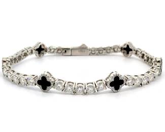 Designer Style Black Onyx Four-Leaf Clover & Cubic Zirconia Bracelet