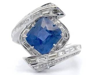 4.50 Carat Natural Sri Lanka Blue Sapphire & Natural Diamond Ring in 14K White Gold