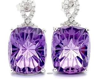 Johnny Wang Natural Amethyst & Diamond Basket Earrings in 14k White Gold