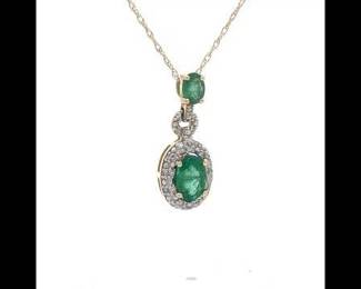 Natural Emerald & Halo Diamond Pendant Necklace in 14k Yellow Gold