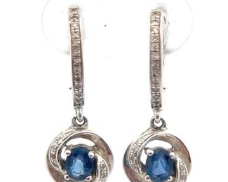 Royal Signed Natural Sapphire & Diamond Love Knot Huggie Hoop Earrings in 14k White Gold