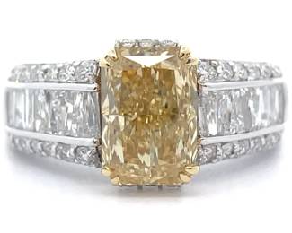 3.88 Carat Radiant Fancy Yellow & White Diamond Triple Row Cathedral Ring in 14k Two-Tone Gold w/ IGI REPORT;
