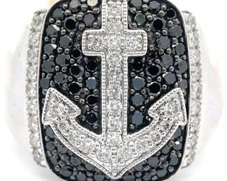 New! EFFY Brand Men's 1.18 Carat Pavé Natural Black & White Diamond Nautical Anchor Ring in 14k White Gold