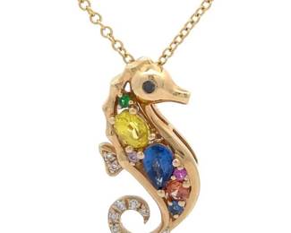 New! EFFY Brand 0.71 Carat Multi-Sapphire & Natural Diamond Seahorse Pendant Necklace in 14k Gold