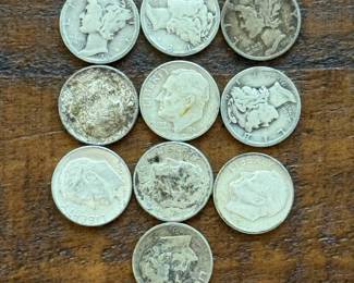 (10) Group of Ten Mercury & Roosevelt Silver Dimes; Pre-1965