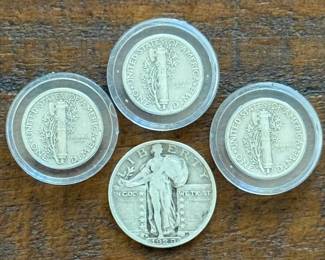 (4) Group of Standing Liberty Silver Quarter and Mercury Silver Dimes
