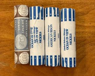 (4) Four Rolls of 2005 Uncirculated Jefferson Westward Series Nickels; Bison and Ocean View