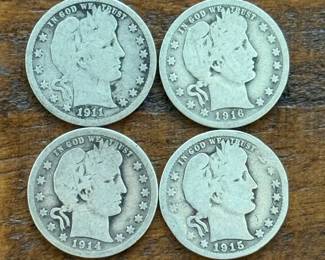 (4) Group of Four Barber Silver Quarters