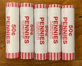 (5) Five Rolls of Random Lincoln Pennies in Bank Rolls