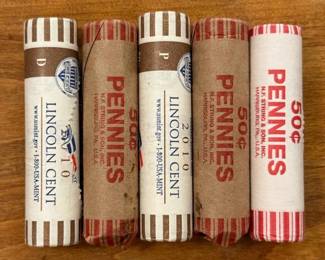 (5) Five Rolls of Random Lincoln Pennies Including 2010 D & P Rolls