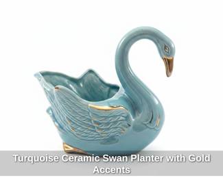 Turquoise Ceramic Swan Planter with Gold Accents