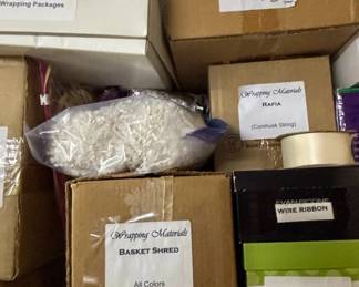 Assorted Craft and Party Supplies Lot Ribbon, Favor Boxes, Raffia, Basket Shred, Napkins