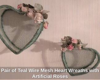 Pair of Teal Wire Mesh Heart Wreaths with Artificial Roses