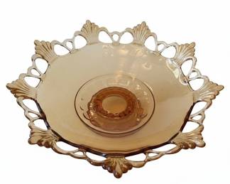 Westmoreland Amber Glass Footed Compote Dish with Ornate Metal Overlay
