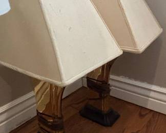 Pair of Vintage Brass and Black Table Lamps with Cream Fabric Shades