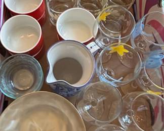 Assorted Glassware and Ceramic Mugs with Floral Etching and Blue Detailing