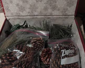 Christmas Storage Box with Pinecones and Artificial Greenery