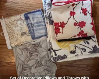 Set of Decorative Pillows and Throws with Floral and Botanical Motifs