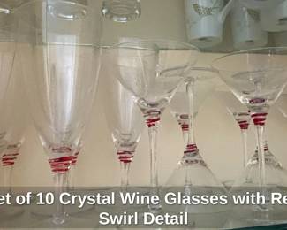 Set of Crystal Wine Glasses with Red Swirl Detail
