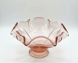 Pink Depression Glass Bowl with Floral Etching
