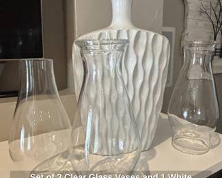 Set of Clear Glass Vases and White Ceramic Vase