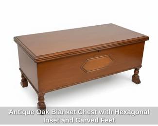 Antique Oak Blanket Chest with Hexagonal Inset and Carved Feet