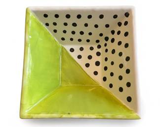 HandPainted Ceramic Square Bowl with Polka Dot and Lime Green Design