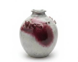 Studio Pottery Vase with Red Drip Glaze