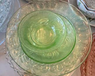Green Depression Glass Cameo Pattern Plates and Bowls
