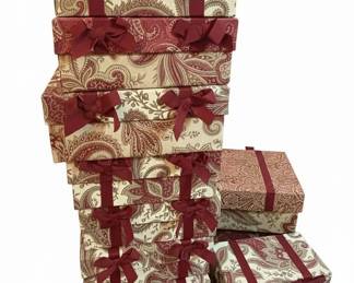 Decorative Storage Boxes with Paisley Pattern and Burgundy Ribbons