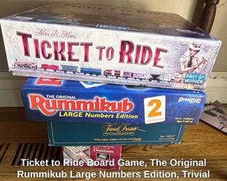 Ticket to Ride Board Game, The Original Rummikub Large Numbers Edition, Trivial Pursuit, and Color Dot Dominoes